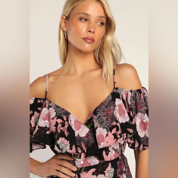 Lulu’s Fully Bloomed Black Floral Off-the-Shoulder Maxi Wrap Dress, Size M - Picture 2 of 8